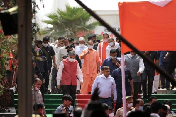 Uttar Pradesh Chief Minister Yogi Adityanath at the inauguration of the Awadh Shilpgram Cultural Center and Marketplace in Lucknow, India, on March 19, 2021.