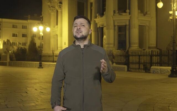 In this image from video provided by the Ukrainian Presidential Press Office, Ukrainian President Volodymyr Zelenskyy speaks from Kyiv, Ukraine.