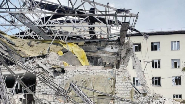 The central hospital in Izyum, near Kharkiv, after what Ukrainian authorities say was a Russian artillery attack.