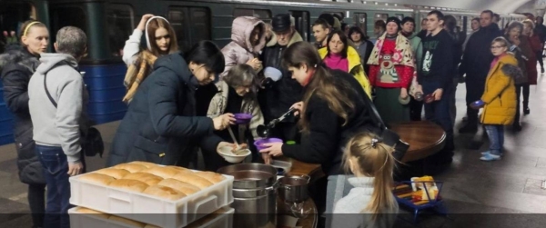 Bread distribution inside a subway station in Kharkiv, Ukraine.