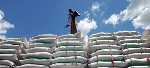 Workmen at Dar Es Salaam harbor loading bags of wheat on a truck, in Tanzania. — courtesy FAO/Giuseppe Bizzarri