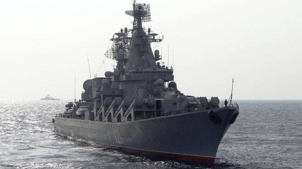 The Moskva patrolling the Mediterranean Sea off the coast of Syria.