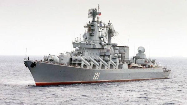 


In this photo issuedby the Russian Defense Ministry Press Service, Russian missile cruiser Moskva is on patrol in the Mediterranean Sea near the Syrian coast in 2015.
