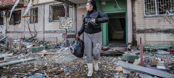 An apartment building partially destroyed by shelling in Obolon district, Kyiv, Ukraine.