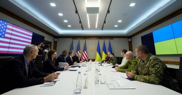 US Secretary of State Antony Blinken and US Defense Secretary Lloyd Austin attend a meeting with Ukraine's President Volodymyr Zelensky in Kyiv, Ukraine, on April 24.
