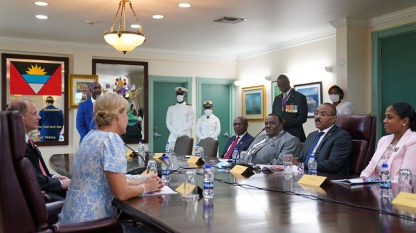 Earl of Wessex and Countess of Wessex with Antigua and Barbuda Premier Gaston Browne and his cabinet in a meeting.