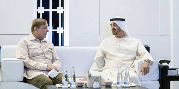 Sheikh Mohamed Bin Zayed Al Nahyan, crown prince of Abu Dhabi and deputy supreme commander of the UAE Armed Forces (R), meets with HE Shahbaz Sharif, Prime Minister of Pakistan (L), at Al Shati Palace.