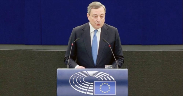 Italian Prime Minister Mario Draghi delivers his speech Tuesday at the European Parliament in Strasbourg, eastern France.