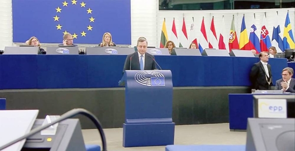 Italian Prime Minister Mario Draghi delivers his speech Tuesday at the European Parliament in Strasbourg, eastern France.