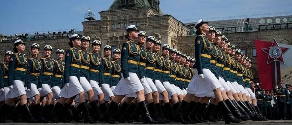 Russian servicewomen march during a dress rehearsal for the Victory Day military parade in Moscow.