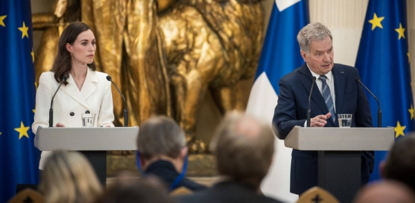 Finland's Prime Minister Sanna Marin (L) and Finland's President Sauli Niinistö announce that Finland will apply for NATO membership, Helsinki.