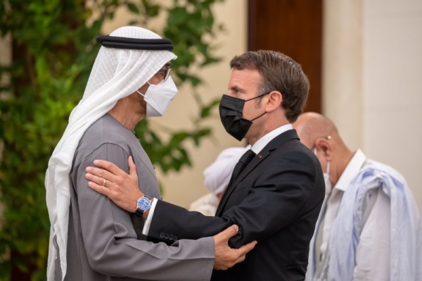 French President Emmanuel Macron offers condolences to Sheikh Mohammed Bin Zayed, new president of UAE, on the death of Sheikh Khalifa Bin Zayed at Mushrif Palace in Abu Dhabi on Sunday (Photo courtesy — UAE Ministry of Presidential Affairs).