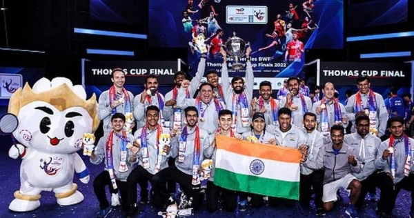 India men's badminton team celebrated their historic win at the Thomas Cup.
