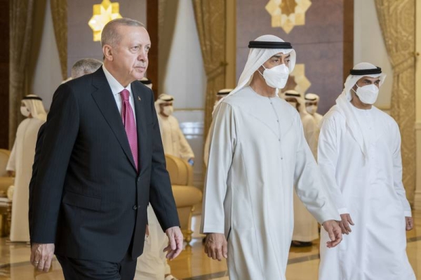 Erdogan was welcomed by UAE President Sheikh Mohamed Bin Zayed at the Presidential Airport.