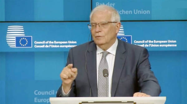 EU Foreign Policy Chief Josep Borrell speaks to the press after a meeting of EU defense ministers at the European Council building in Brussels, Tuesday.