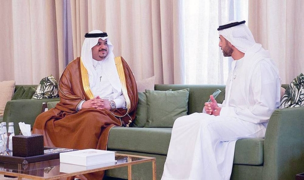 Prince Mohammed Bin Abdulrahman, deputy governor of Riyadh Region, meets Ambassador Nahyan Bin Saif Bin Mohammed Al Nahyan in Riyadh Wednesday.