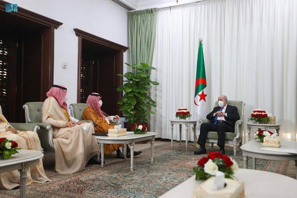 President Tebboune receives Saudi Minister of Foreign Affairs Prince Faisal bin Farhan at El Mouradia Palace in Algiers on Thursday.