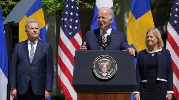 Joe Biden alongside Sweden's Magdalena Andersson and Finland's Sauli Niinisto on Thursday.