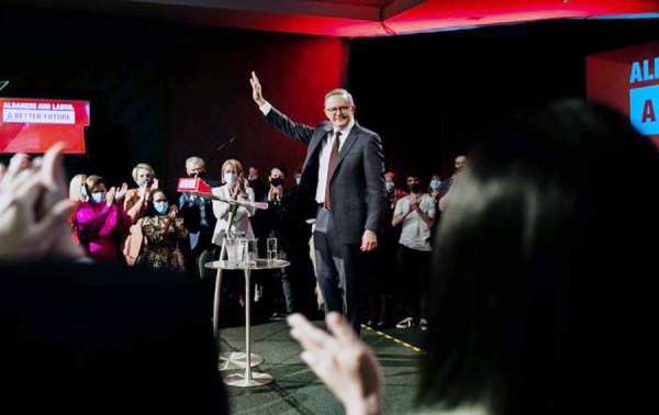 Australian Labor party's Anthony Albanese celebrates victory on Saturday.