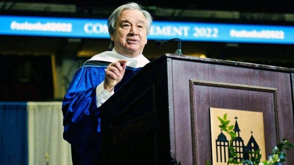 Antonio Guterres gives his commencement speech at Seton Hall University Tuesday. — courtesy Joy Yagid/Courtesy Seton Hall University