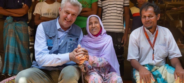 UN High Commissioner for Refugees Filippo Grandi with Rohingya refugees at the Rohingya Cultural Memory Centre at Kutupalong camp in Bangladesh’s Cox’s Bazar district.