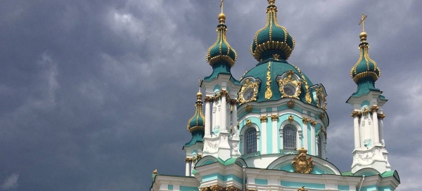 The Andriyivska church in Dnipro, Kyiv, overlooks the historic Podil neighborhood.