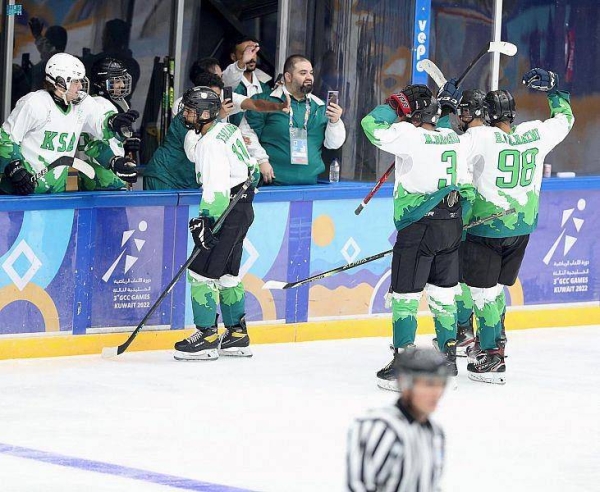 The Saudi ice hockey team plays against at Kuwait Winter Games Club. 