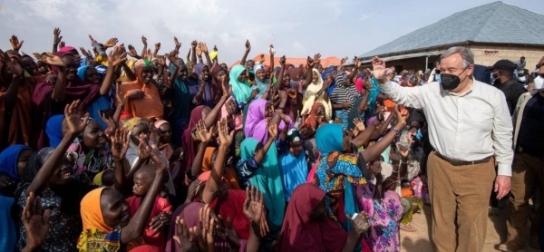 Secretary-General António Guterres (right) visits Gubio Internally Displaced People’s Camp in Borno State, Nigeria.