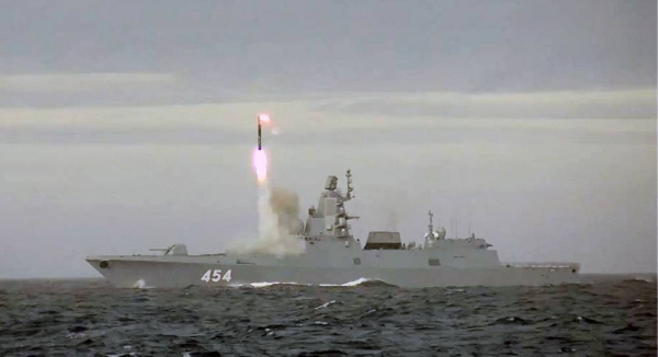 Russian Navy Adm. Gorshkov class frigate fires Zircon anti-ship hypersonic cruise missile in the Barents Sea. — courtesy Russian MoD.
