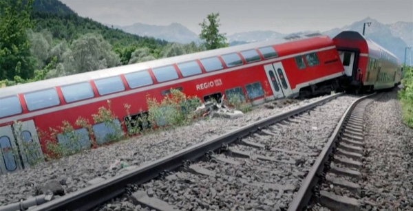 Picture shows derailed German train after deadly accident in Bavaria.