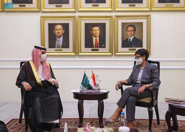 Foreign Minister Prince Faisal Bin Farhan meets with Indonesian Minister of Foreign Affairs Retno Marsudi in Jakarta on Tuesday.