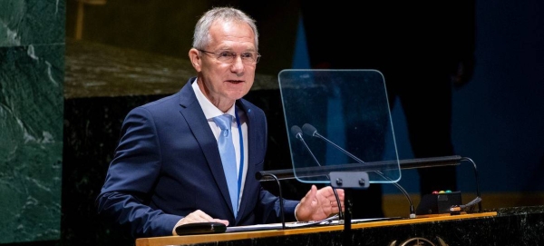 Csaba Kőrösi, President-elect of the seventy-seventh session of the United Nations General Assembly, addresses members of the General Assembly
