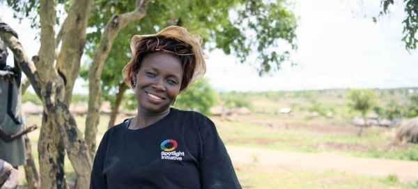 Rose Mary Tiep, a South Sudanese refugee in Omugo II Refugee Settlement, Uganda, translates for a fellow community member. — courtesy Eva Sibanda/UN Women