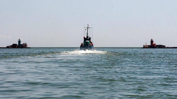 Russian Black Sea Fleet patrols an area of the Mariupol Sea Port in Mariupol, eastern Ukraine, in May 2022.