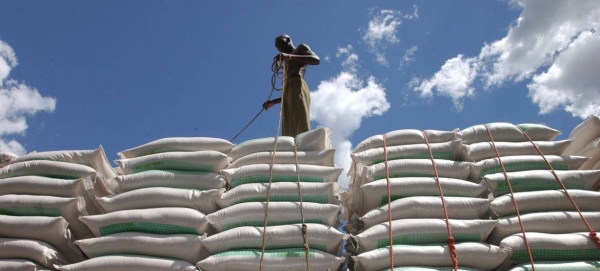 Workmen at Dar Es Salaam harbour loading bags of wheat on a truck, in Tanzania.