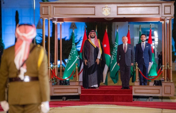 Crown Prince Mohammed Bin Salman, deputy premier and minister of defense, arrived in Jordan on Tuesday and was welcomed by Jordanian King Abdullah II and Crown Prince Hussein bin Abdullah.