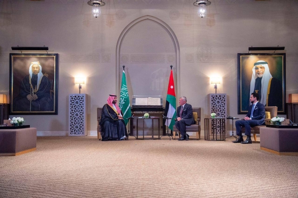 Crown Prince Mohammed Bin Salman held talks with Jordan’s King Abdullah II at Al-Husseiniya Palace here on Tuesday evening.