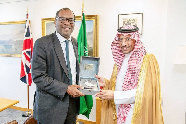 Minister of Industry and Mineral Resources Bandar Ibrahim Alkhorayef meets with the Secretary of State for Business, Energy and Industrial Strategy Kwasi Kwarteng in London on Wednesday.