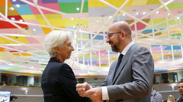 
Christine Lagarde, president of the European Central Bank, and Charles Michel, president of the European Council, meet in Brussels for an EU Council summit on Friday.