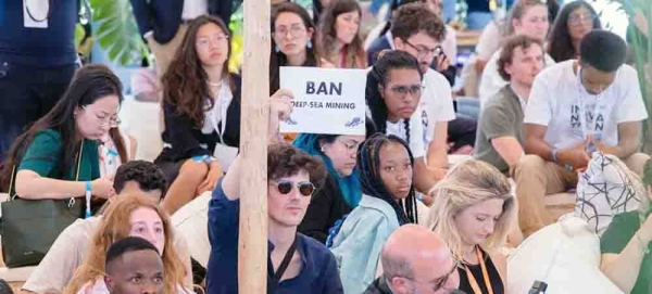 UN Secretary-General Antonio Guterres (right) speaks with youth advocates at the UN Ocean Conference’s Youth and Innovation Forum in Lisbon, Portugal. — courtesy UN Photo/Eskinder Debebe