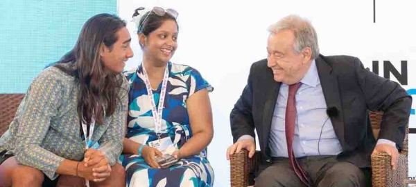 UN Secretary-General Antonio Guterres (right) speaks with youth advocates at the UN Ocean Conference’s Youth and Innovation Forum in Lisbon, Portugal. — courtesy UN Photo/Eskinder Debebe