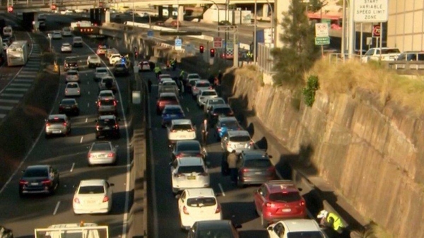 Traffic banked up ahead of the Sydney Harbour Tunnel on Monday.