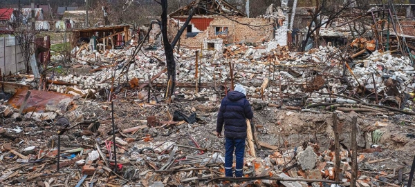 Homes destroyed by conflict in Novoselivka, on the outskirts of Chernihiv in Ukraine.