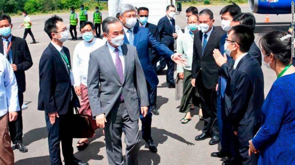 Chinese Foreign Minister Wang Yi arrives at Nyaung Oo Airport in Bagan, Myanmar.