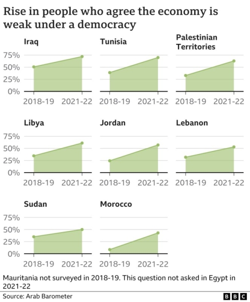 Chart showing the proportion of people who believe that the economy is weak under a democracy