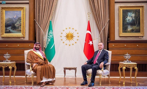 File photo of the Crown Prince Mohammed bin Salman and Turkiye' President Recep Tayyip Erdoga. 