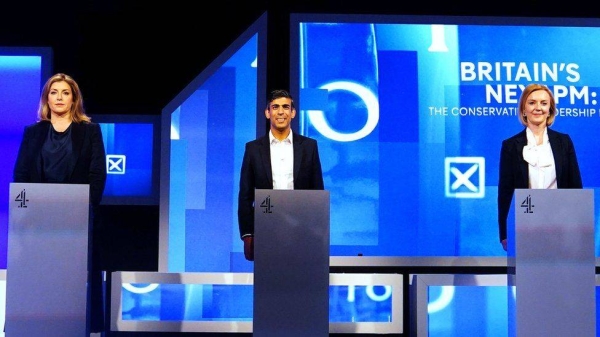 Penny Mordaunt, Rishi Sunak, and Liz Truss on stage at the Channel 4 leadership debate.