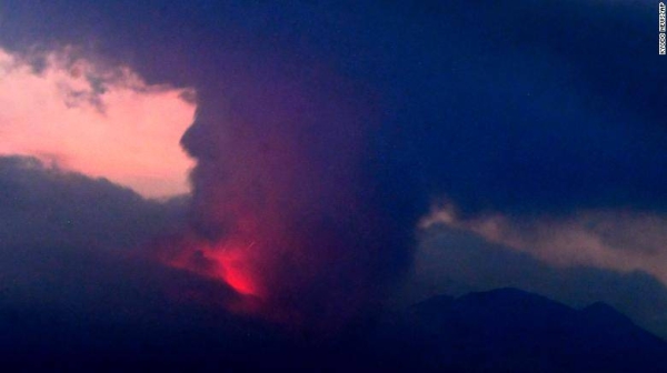 Smoke billowed from the volcano on Sunday evening.