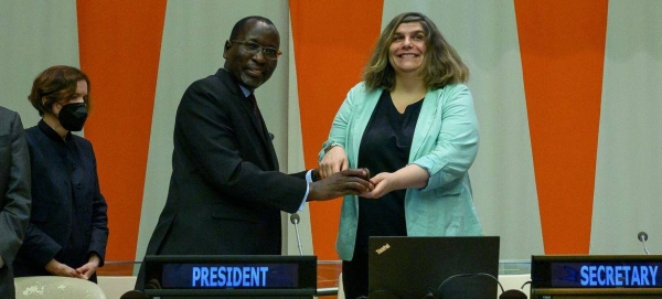 Ambassador Collen Vixen Kelapile, outgoing President of the Economic and Social Council (ECOSOC), shakes hands with incoming President Ambassador Lachezara Stoeva of Bulgaria at a handover ceremony.