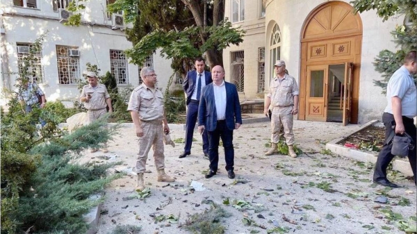 The scene after an alleged drone hit on the Black Sea Fleet HQ in Sevastopol. — courtesy Razvozhayev/Telegram